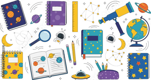 Space science education collection with planets telescope globe astronaut notebook stars astronomy study cartoon vector illustration set