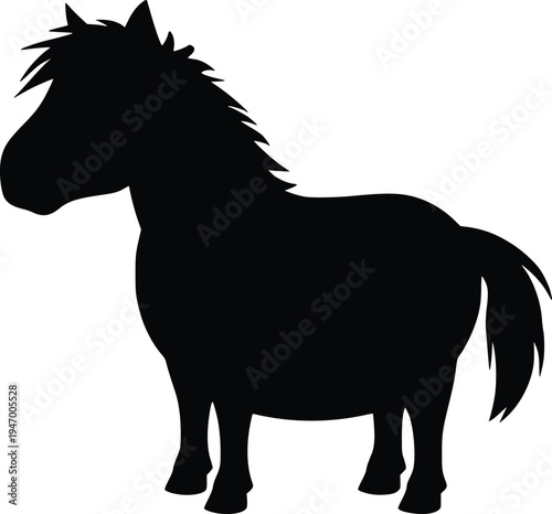 Silhouette of a sleek and strong pony standing calmly against a plain background