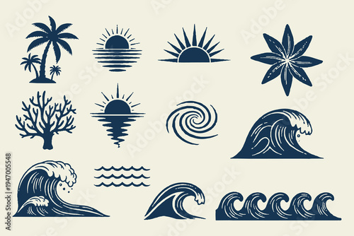 Vintage hand drawn tropical and marine vector icons set, ocean waves, sun, palm trees and coral elements for summer beach design