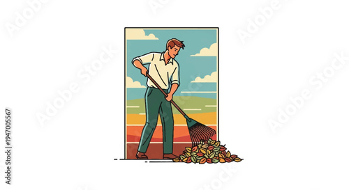 Man raking leaves in autumnal scene illustrated in vector style