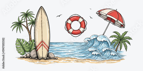 Colorful hand drawn beach vacation illustration with surfboard, palm trees, lifebuoy, and umbrella by the ocean waves and sea shore