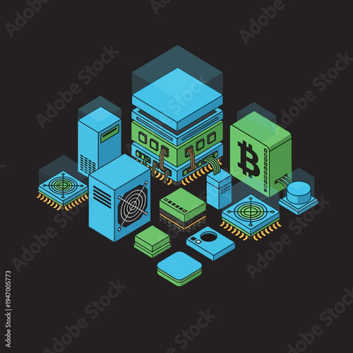 Isometric illustration of a cryptocurrency mining farm with various hardware components.