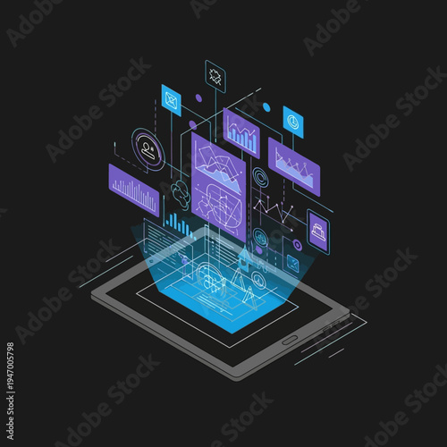 Isometric illustration of a tablet displaying a futuristic user interface with data visualizations.