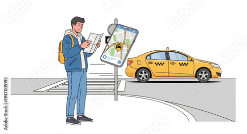 Man with map and taxi.