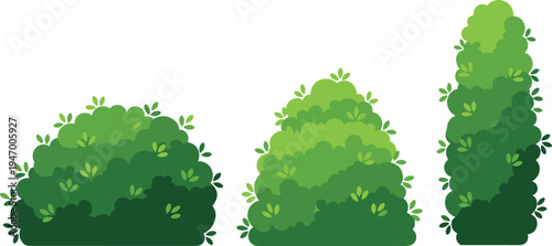 Cartoon green bush shrub illustration set, garden foliage plant collection design, nature landscape vector isolated background element