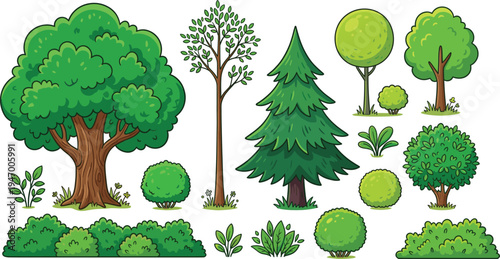 Cartoon garden trees bushes plants collection, landscape nature plant elements set, green vector illustration isolated background pack