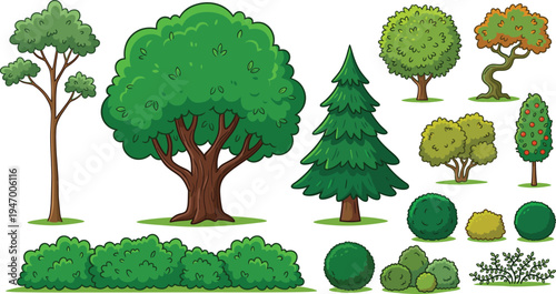 Cartoon trees bushes and shrubs collection, garden landscape plant elements set, nature vector illustration isolated background pack