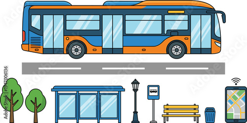 City bus public transport illustration set, urban transit vehicle station stop icons collection, transportation vector design