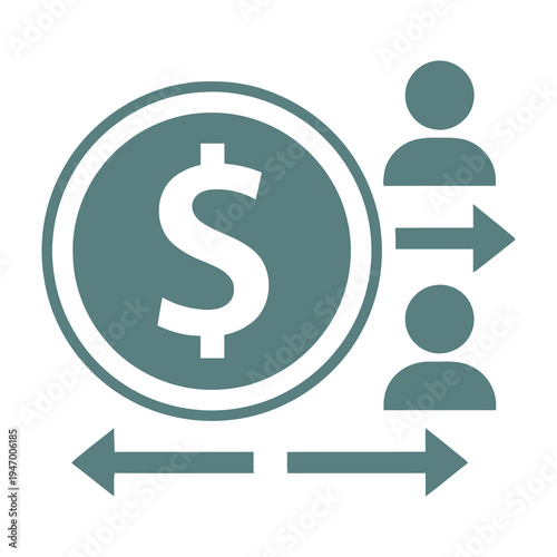 Modern flat design illustration showcasing a balanced exchange between monetary value symbolized by a bold dollar sign inside a circular frame and a simplified human figure representing workforce