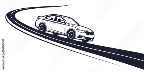 A sleek black and white illustration of a car driving on a curved road