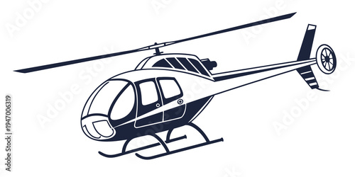 Black and white illustration of a helicopter with rotor blades and cockpit details