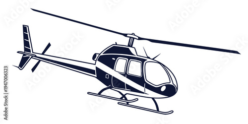 A black and white illustration of a helicopter flying with rotor blades