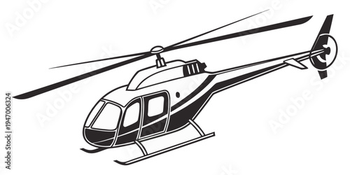 Black and white illustration of a helicopter with rotors and skis