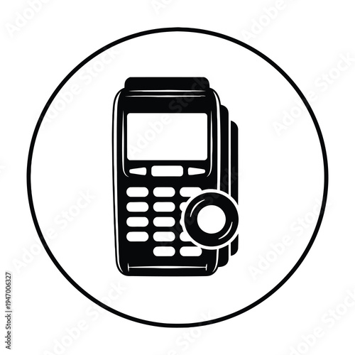 Black and white payment terminal icon with keypad and screen isolated on white background