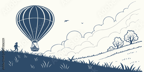 A blue and white illustration of a hot air balloon flying over a grassy hill with trees and clouds in the background