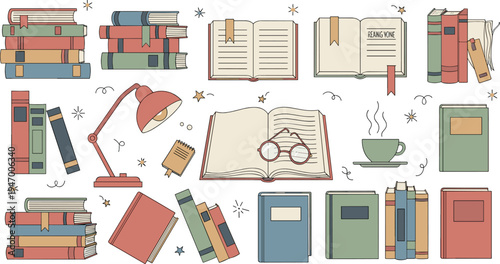 Books reading study collection with library stacks open book lamp coffee cup glasses education learning cartoon vector illustration set