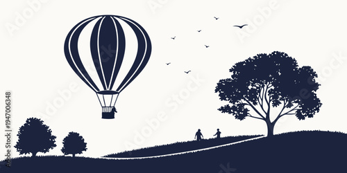Silhouette of hot air balloon flying over hill with trees and people