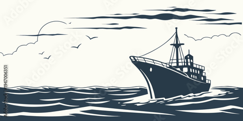 A large ship sailing on the ocean with birds flying overhead in a simple graphic style