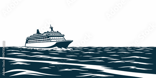 A large cruise ship sailing on the ocean with waves and water