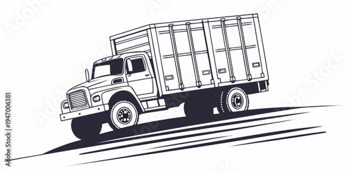 Black and white illustration of a large truck with a cargo container on the back