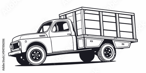 Black and white illustration of a vintage truck with a large cargo bed