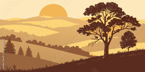 A serene landscape illustration of a tree on a hill at sunset with rolling hills and trees in the background in warm brown tones