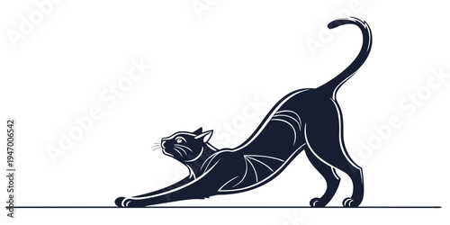 Black cat in a downward facing dog yoga pose with a sleek and modern design