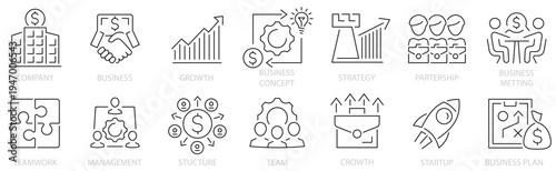 Business icon set. Teamwork. Company. Strategy. Management. Startup. Meeting. Partnership. Growth. Editable stroke. Vector illustration
