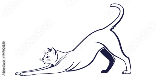 A cat stretching in a downward facing dog yoga pose with a playful expression on its face and body