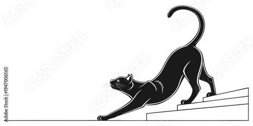 Black cat stretching on stairs in a dynamic pose