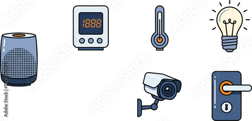 Smart home devices cartoon icon set with speaker thermostat thermometer security camera smart lock and light bulb technology vector illustration