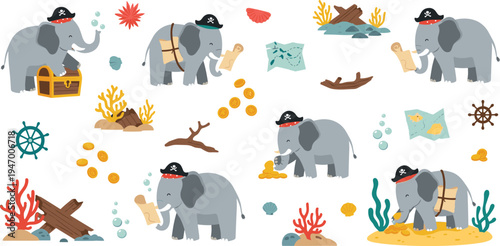 Cute pirate elephant cartoon set with treasure chest gold coins sea map ship wheel ocean adventure animal vector illustration