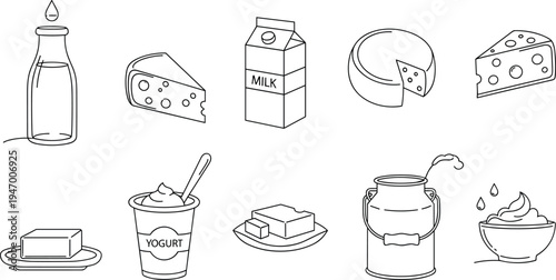 PrintDairy Products Line Icon Vector Set with Milk Bottle, Cheese, Yogurt, Butter, Cream and Dairy Food Outline Illustration Collection