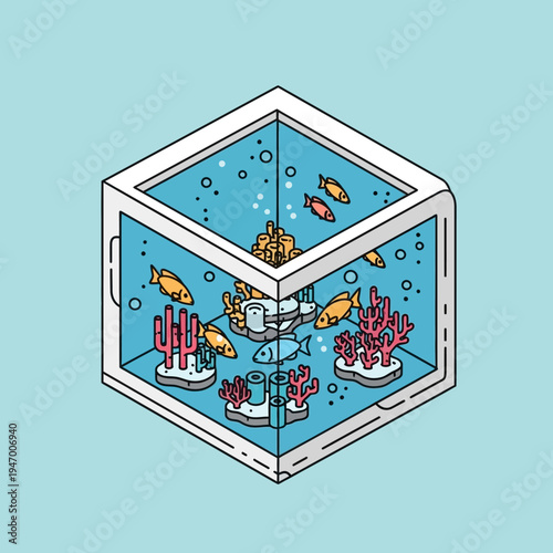 Isometric illustration of a cube-shaped aquarium with fish, coral, and bubbles.