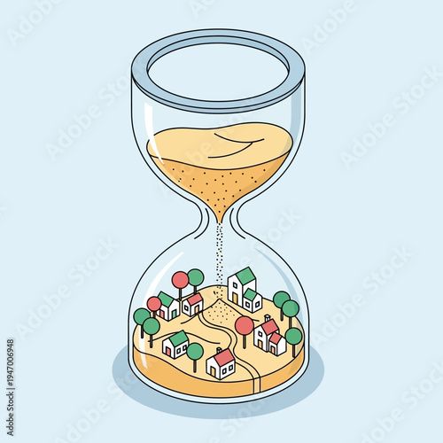 An hourglass with a town inside, symbolizing the passage of time and urban development.