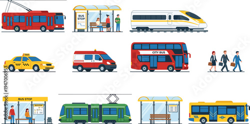 Public transport vehicles illustration set, bus train taxi tram city transit collection, urban transportation vector design