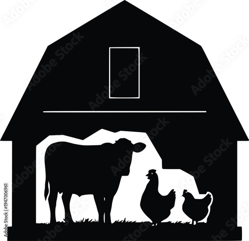 Silhouette of farm animals inside a barn with a window and door