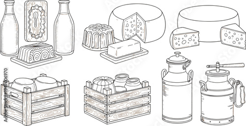 Vintage Dairy Products Hand Drawn Vector Illustration Set with Milk Bottles, Butter Dish, Cheese Wheels, Cream Containers and Wooden Crates