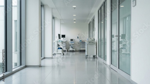 Fotografie A long brightly lit sterile hospital corridor with medical equipment parked alon