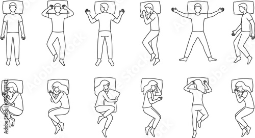 Sleeping people poses line art collection, men and women sleeping positions illustration set, bedtime lifestyle vector design