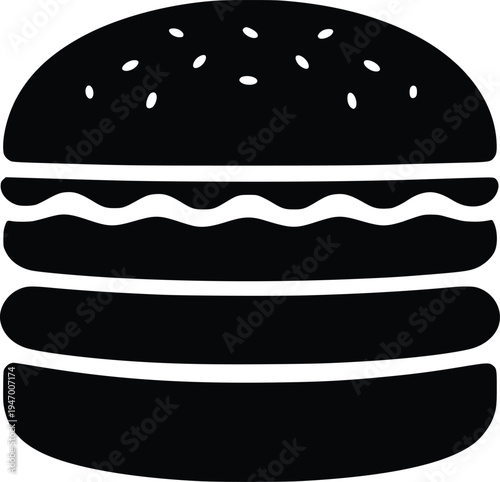 A stylized black and white illustration of a double cheeseburger with sesame seed bun