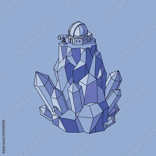 An illustration of an observatory building atop a crystalline mountain, with a telescope.