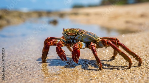 A detailed close up view of a large brown crab walking across a sandy path in a natural environment