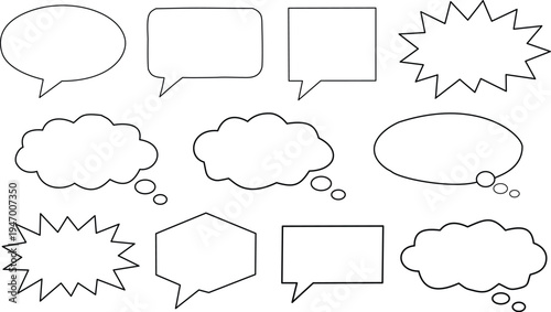 speech bubble icon set with comic dialogue shapes, outline speech bubble collection for chat icons, minimal speech balloon vector symbols set