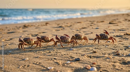 Canvas Print A group of crabs walking across the wet sandy beach during a calm and peaceful s