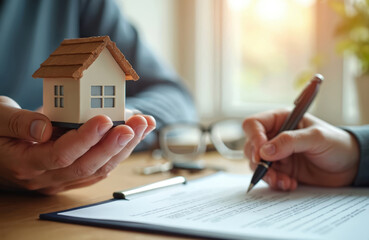 Person holds toy house while another signs contract. Office scene implies real estate transaction, property deal, home ownership, and business agreement signing.