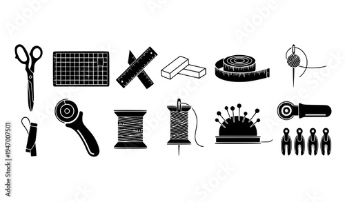 Minimal sewing and crafting tools black silhouette icon set with scissors needle ruler and hobby supplies vector isolated on white
