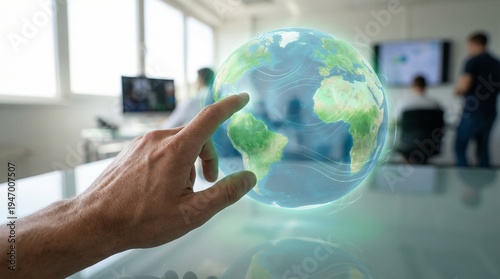 A person interacts with a glowing digital globe projection in a modern professional office space