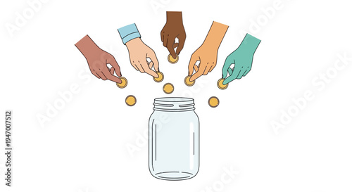 Diverse hands putting coins into jar.