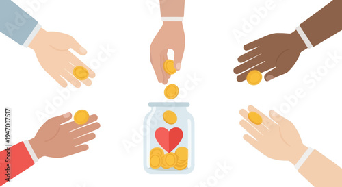 Diverse hands putting coins into jar.